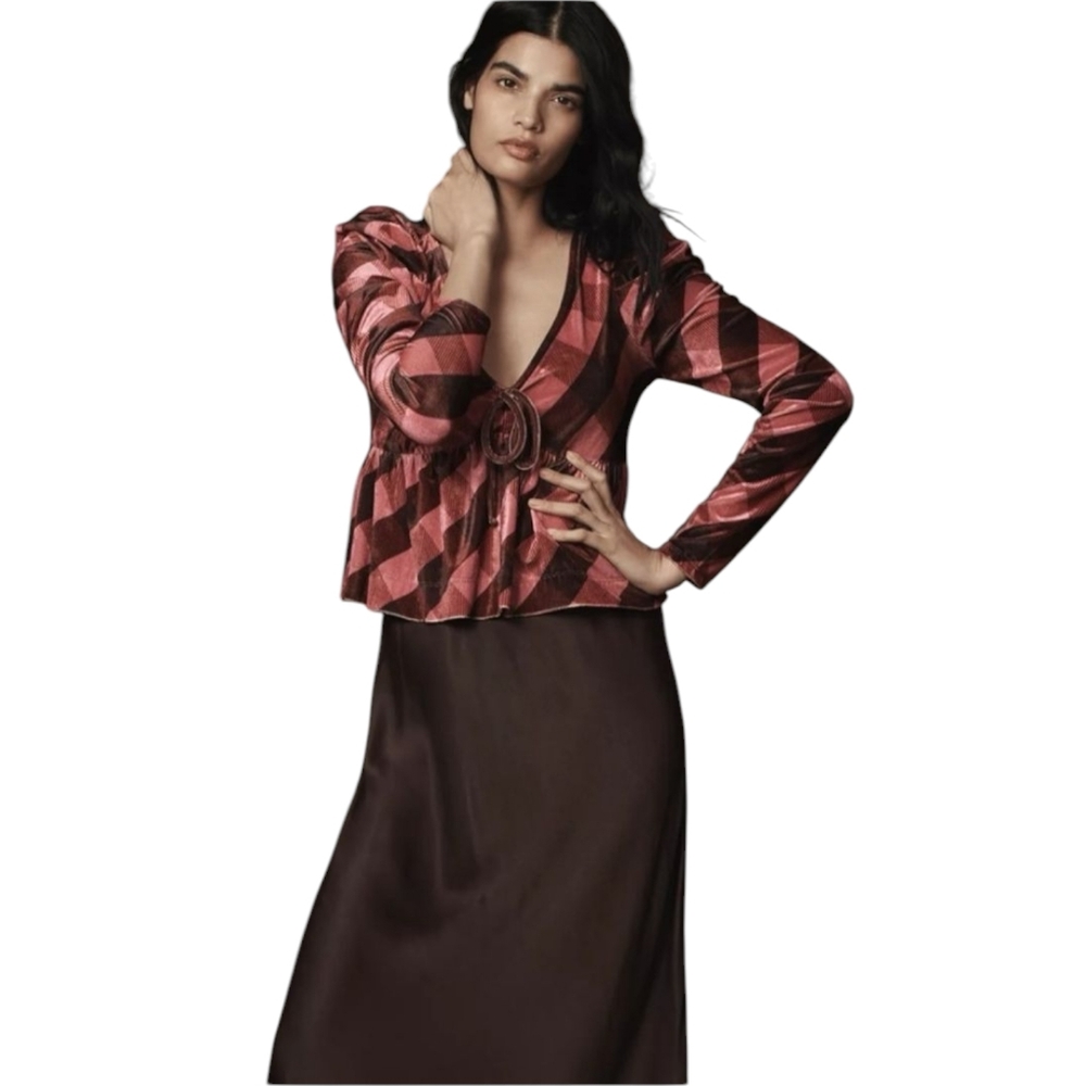 NWT Anthropologie Maeve Velvet Plaid Babydoll Top | Medium | Holiday Puff Sleeve